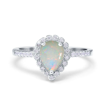 14K White Gold 0.17ct Teardrop Pear Halo 8mmx6mm G SI Natural White Opal Diamond Engagement Wedding Ring Size 6.5